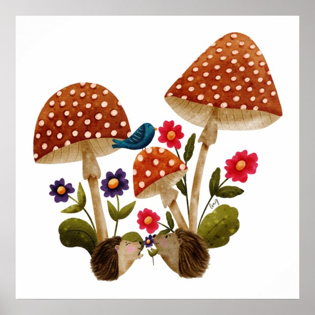 Cute Hedgehog Couple and Mushrooms Poster (Front)