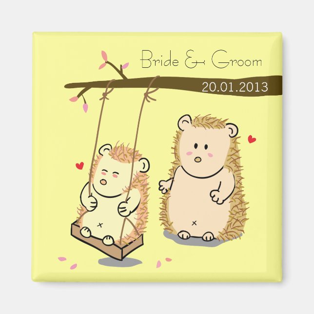 Cute Hedgehog couple at tree swing wedding favour Magnet (Front)