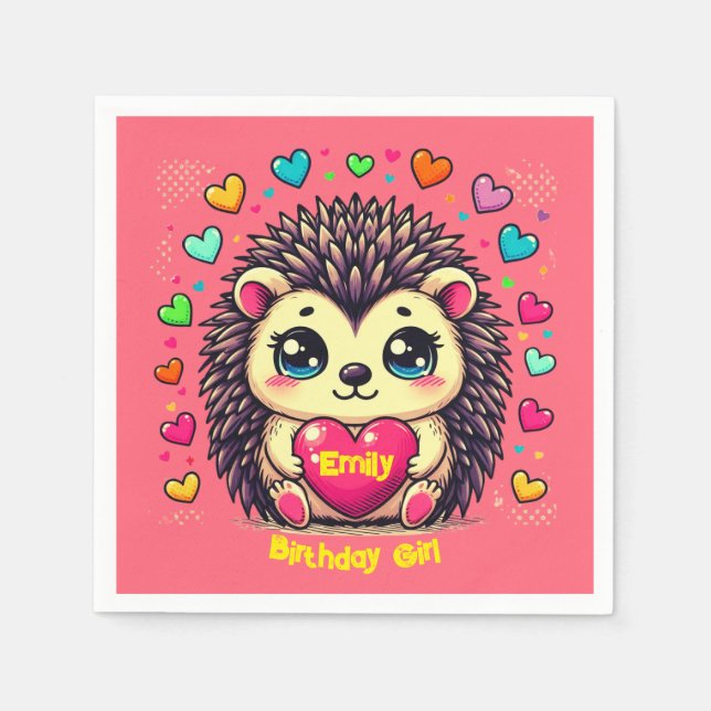 Cute Hedgehog Customizable Birthday Girl Napkin (Front)
