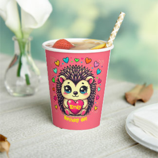 Cute Hedgehog Customizable Birthday Girl Paper Cups