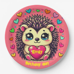 Cute Hedgehog Customizable Birthday Girl Paper Plate