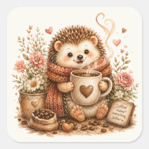 Cute Hedgehog Drinking Coffee Cozy Woodland Square Sticker