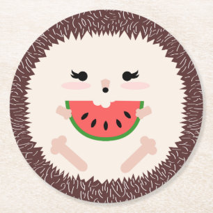 Cute Hedgehog Eating Watermelon Slice Round Paper Coaster