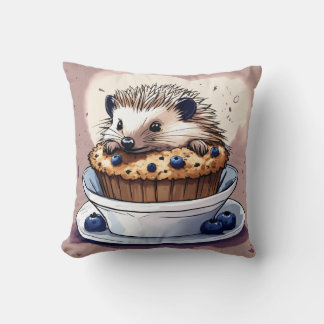 "Cute Hedgehog Enjoying a Blueberry Muffin Pillow 