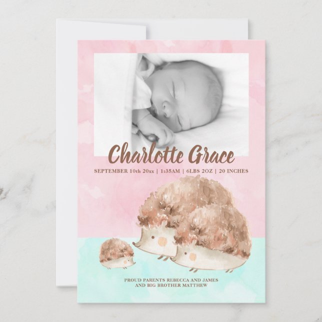 Cute Hedgehog Family New Baby Photo Personalized Announcement (Front)