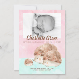 Cute Hedgehog Family New Baby Photo Personalized Announcement
