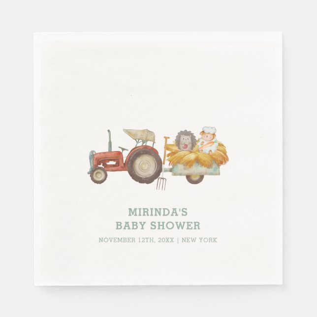 Cute Hedgehog Farm Tractor Baby Shower  Napkin (Front)