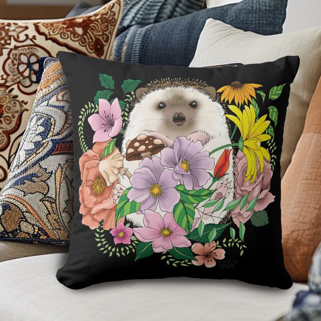 Cute Hedgehog Flowers Throw Pillow (Creator Uploaded)