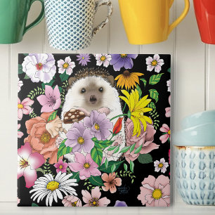 Cute Hedgehog Flowers Tile