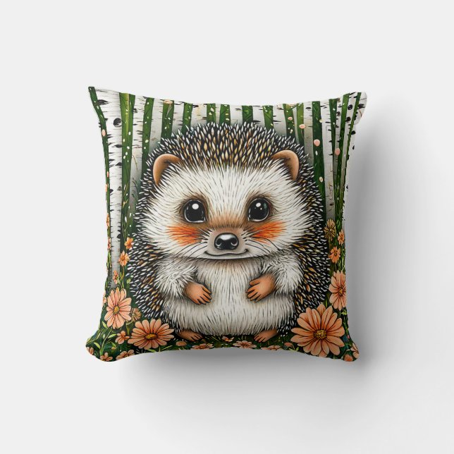 🦔🌲 Cute Hedgehog Forest Cozy Decor Gift ✨ Throw Pillow (Front)