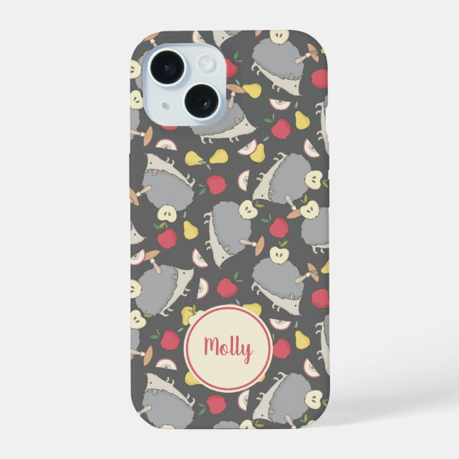 Cute Hedgehog Fruit Pattern Personalized iPhone 15 Case (Back)