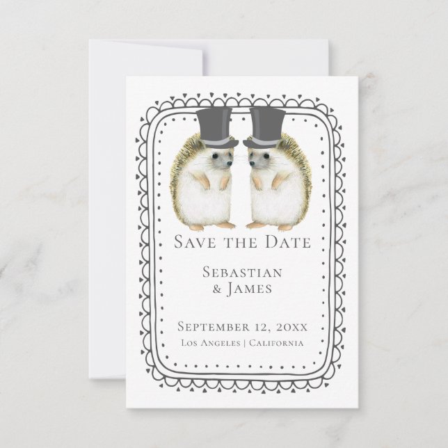 Cute Hedgehog Gay Couple Wedding Save The Date (Front)