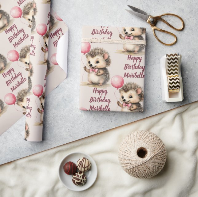 Cute Hedgehog Girls Personalized Birthday Wrapping Paper (Crafts)