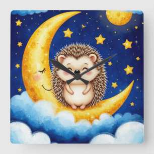 Cute Hedgehog Golden Crescent Moon 🌙 Square Wall Clock