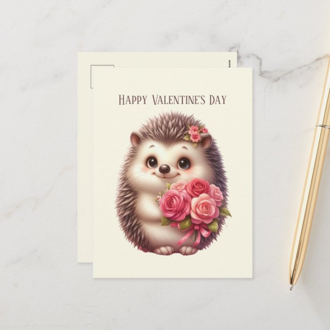 Cute hedgehog Happy Valentine's Day kids Holiday Postcard (Front/Back In Situ)