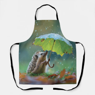 Cute hedgehog holding a leaf umbrella apron