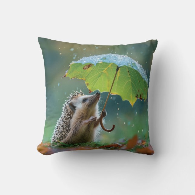 Cute hedgehog holding a leaf umbrella throw pillow (Front)