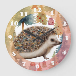Cute Hedgehog Holiday Trees  Large Clock