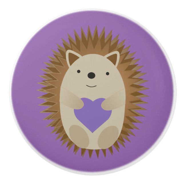 Cute Hedgehog Holidng a Purple Heart Ceramic Knob (Front)