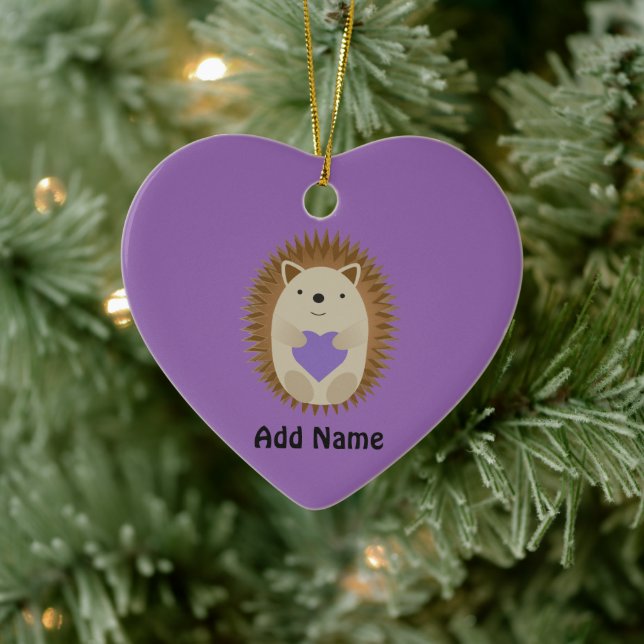 Cute Hedgehog Holidng a Purple Heart Ceramic Ornament (Tree)
