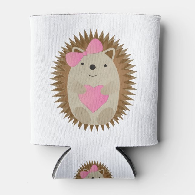 Cute Hedgehog Hugging a Pink Heart Can Cooler (Front)