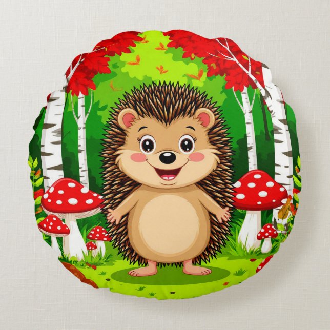 Cute Hedgehog in a Bright Forest Round Pillow (Front)
