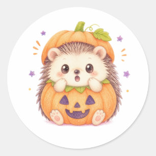 Cute Hedgehog in Pumpkin Costume Halloween Illustr Classic Round Sticker