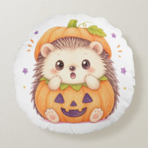 Cute Hedgehog in Pumpkin Costume Halloween Illustr Round Pillow