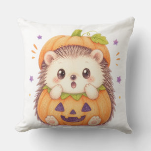 Cute Hedgehog in Pumpkin Costume Halloween Illustr Throw Pillow