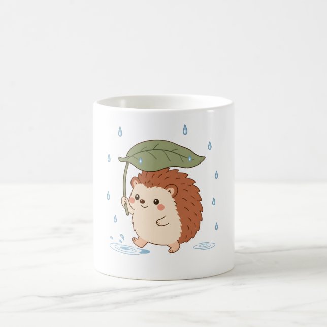 Cute Hedgehog Leaf Umbrella Rainy Day Mug (Center)