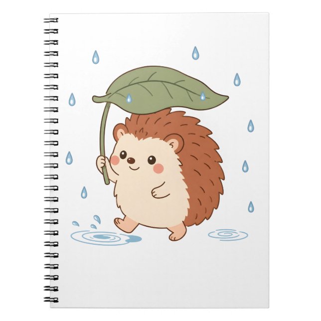 Cute Hedgehog Leaf Umbrella Rainy Day Notebook (Front)