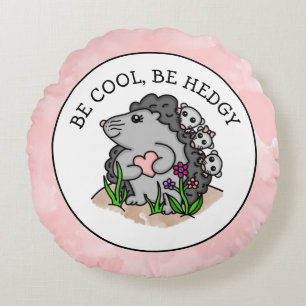 Cute Hedgehog mama and her babies and Pun Round Pillow