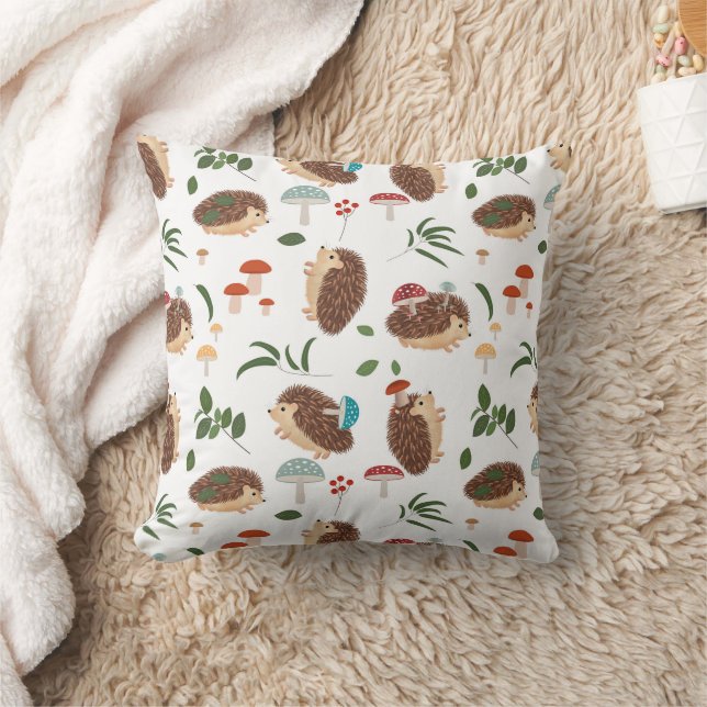 Cute Hedgehog Mushrooms Woodland Animal Kids Throw Pillow (Blanket)