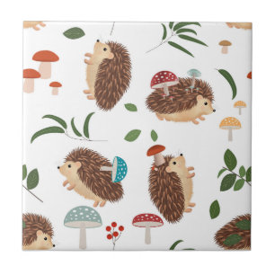 Cute Hedgehog Mushrooms Woodland Forest Animal Tile