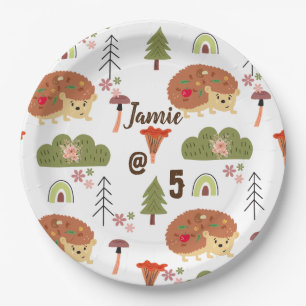 Cute Hedgehog Nature Floral Rainbow Pattern Paper Plate