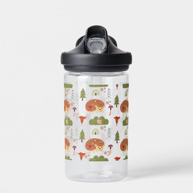 Cute Hedgehog Nature Floral Rainbow Pattern  Water Bottle (Front)