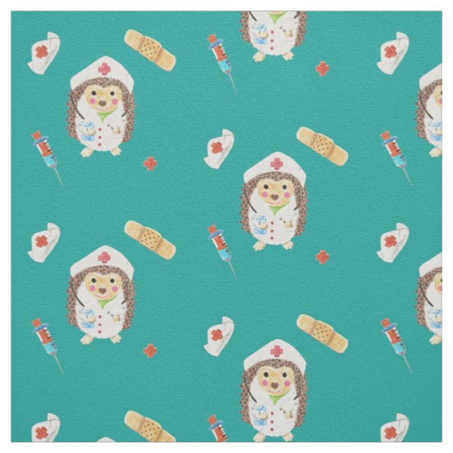 Cute hedgehog nurse | doctor pattern teal fabric (Swatch)