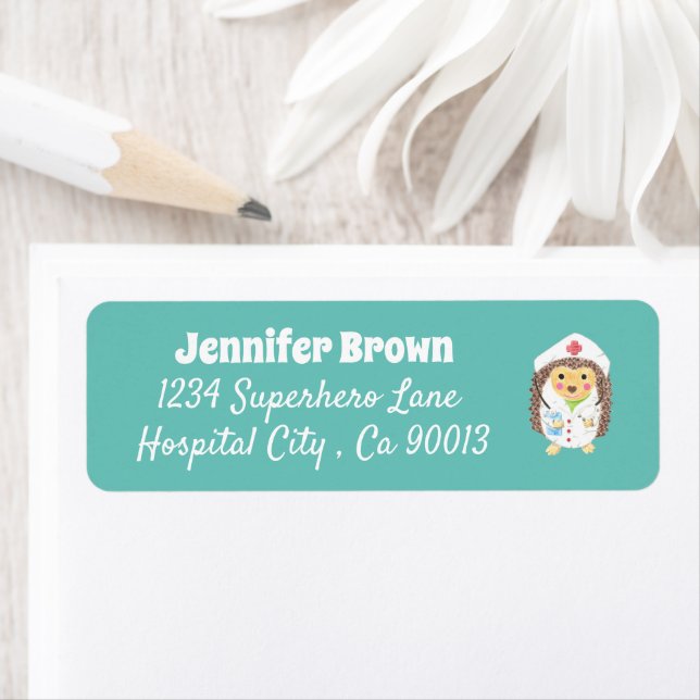 Cute hedgehog nurse teal return address labels (Insitu)