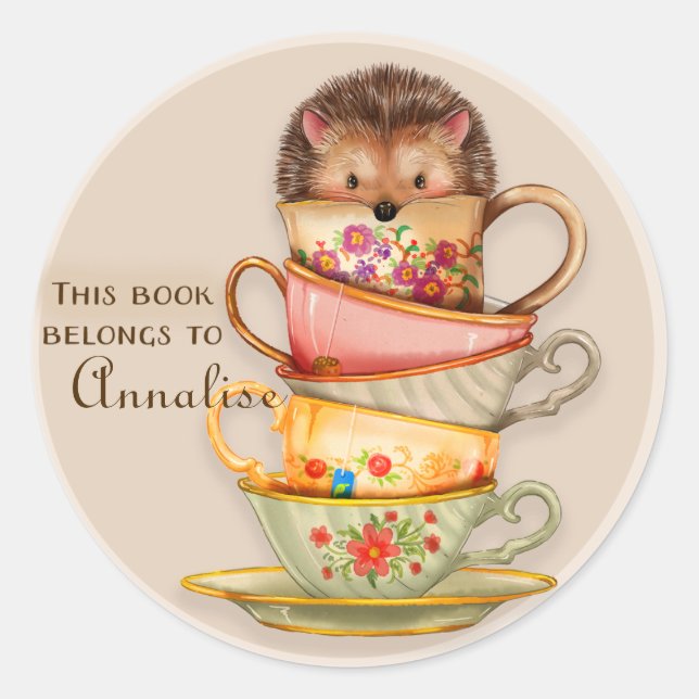 Cute Hedgehog on Stack of Mugs Book Name Sticker (Front)