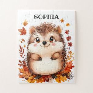 Cute Hedgehog Personalized Name Modern Animal Fall Jigsaw Puzzle