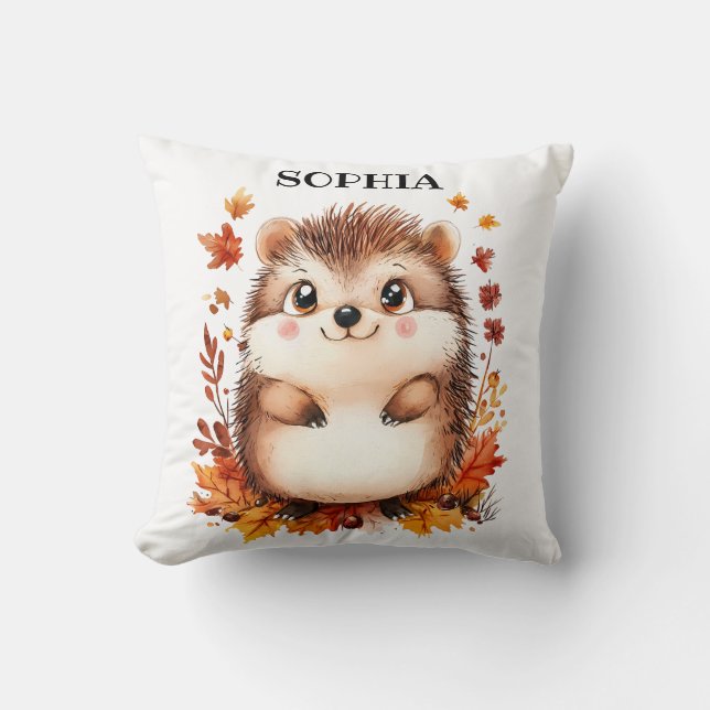 Cute Hedgehog Personalized Name Modern Animal Fall Throw Pillow (Front)