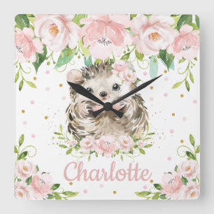 Cute Hedgehog Pink Floral Girl Bedroom Decoration Square Wall Clock