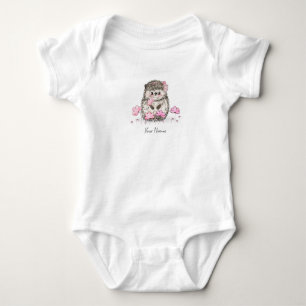 Cute Hedgehog Pink Flowers Name Baby Bodysuit