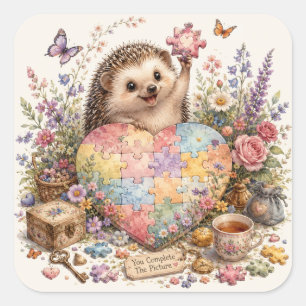 Cute Hedgehog Puzzle Heart Watercolor Art Square Sticker