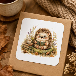 Cute Hedgehog Reading Book Cozy Autumn Square Sticker
