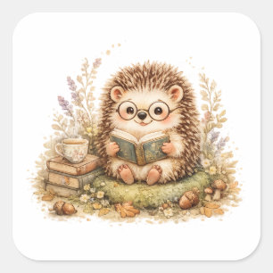 Cute Hedgehog Reading Book Cozy Autumn Square Sticker