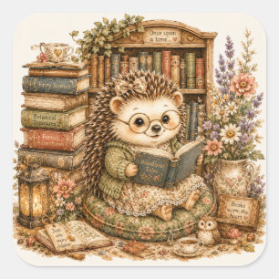Cute Hedgehog Reading Book In Library Cottagecore Square Sticker