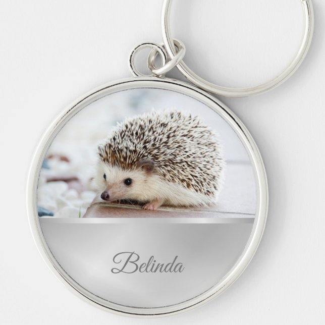 Cute Hedgehog Silver Foil Monogram Keychain (Front)