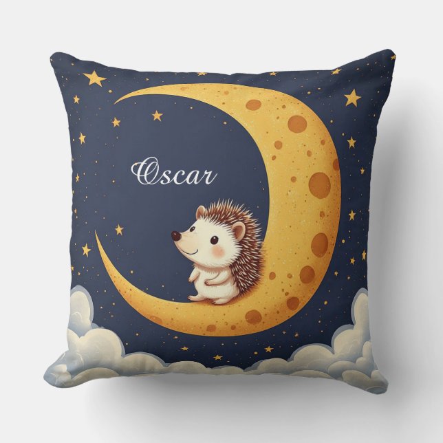 Cute Hedgehog Sitting On A Crescent Moon Throw Pillow (Front)
