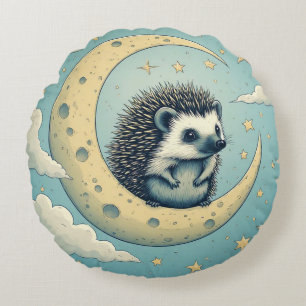 Cute Hedgehog Sitting on Crescent Moon Round Pillow